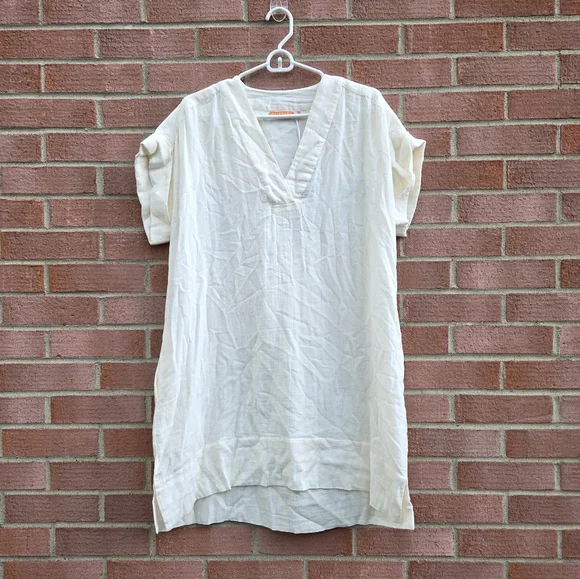 Oliphant V-Neck Roll Sleeve Mini Dress Bahama White Ecru Size XL - Picture 2 of 7
